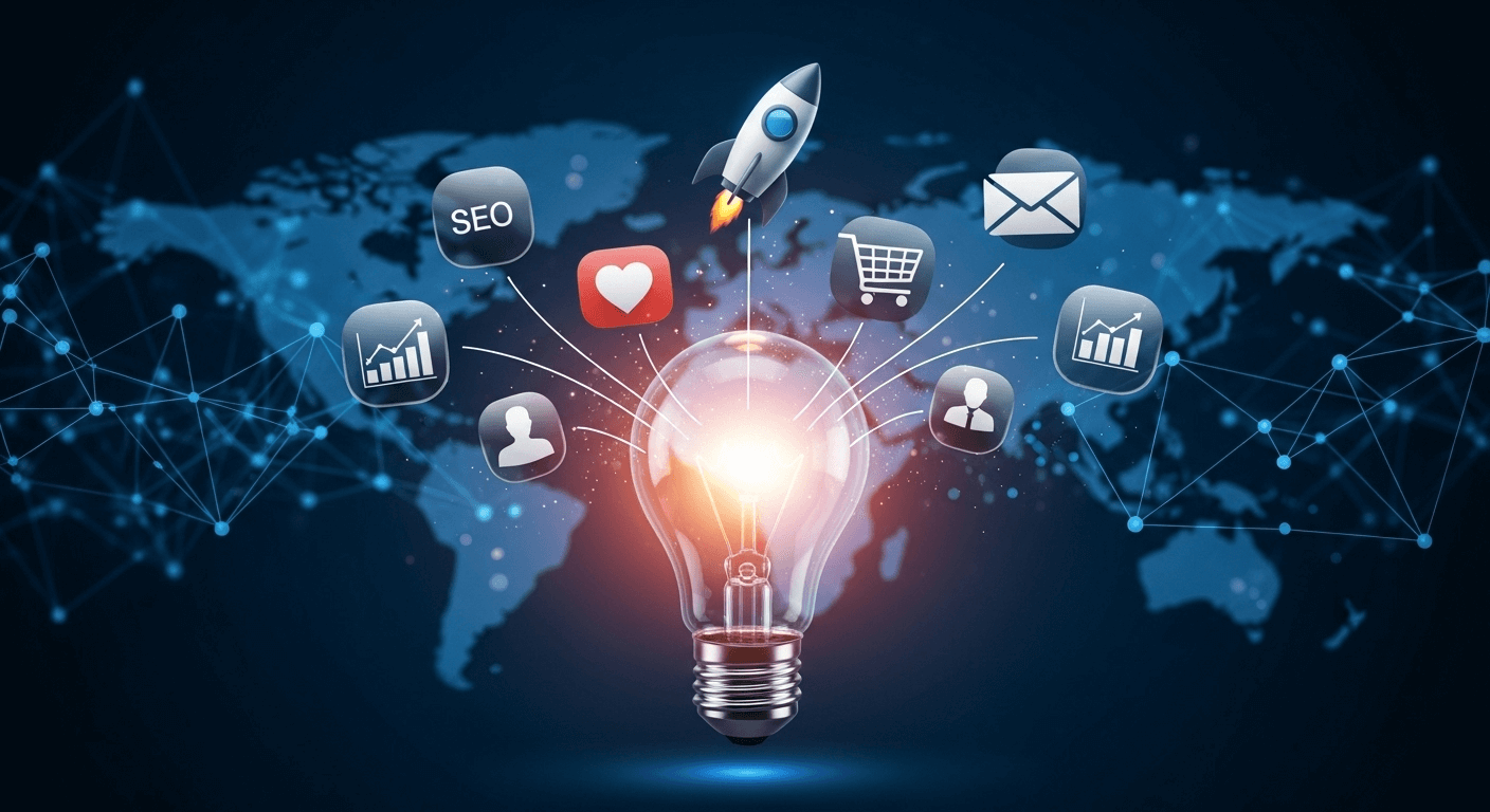 Ilustración conceptual que muestra qué es el marketing digital, con una bombilla de negocio de la que emanan iconos de SEO, redes sociales, email marketing y analítica.