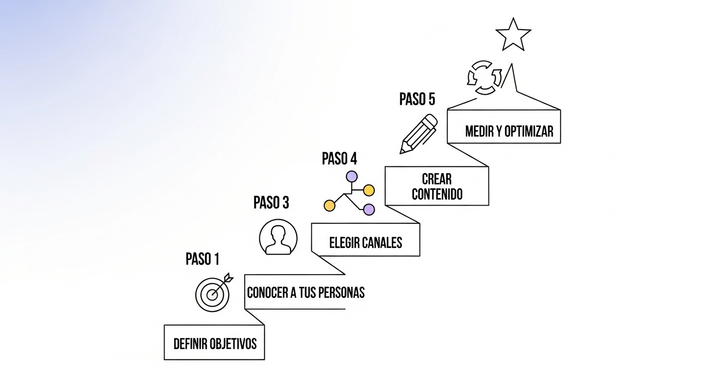 Ilustración de los 5 pasos para crear una estrategia de marketing digital, desde la definición de objetivos hasta la medición y optimización.